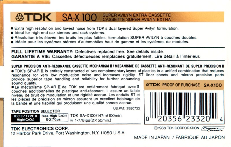 Compact Cassette: TDK  - SA-X 100