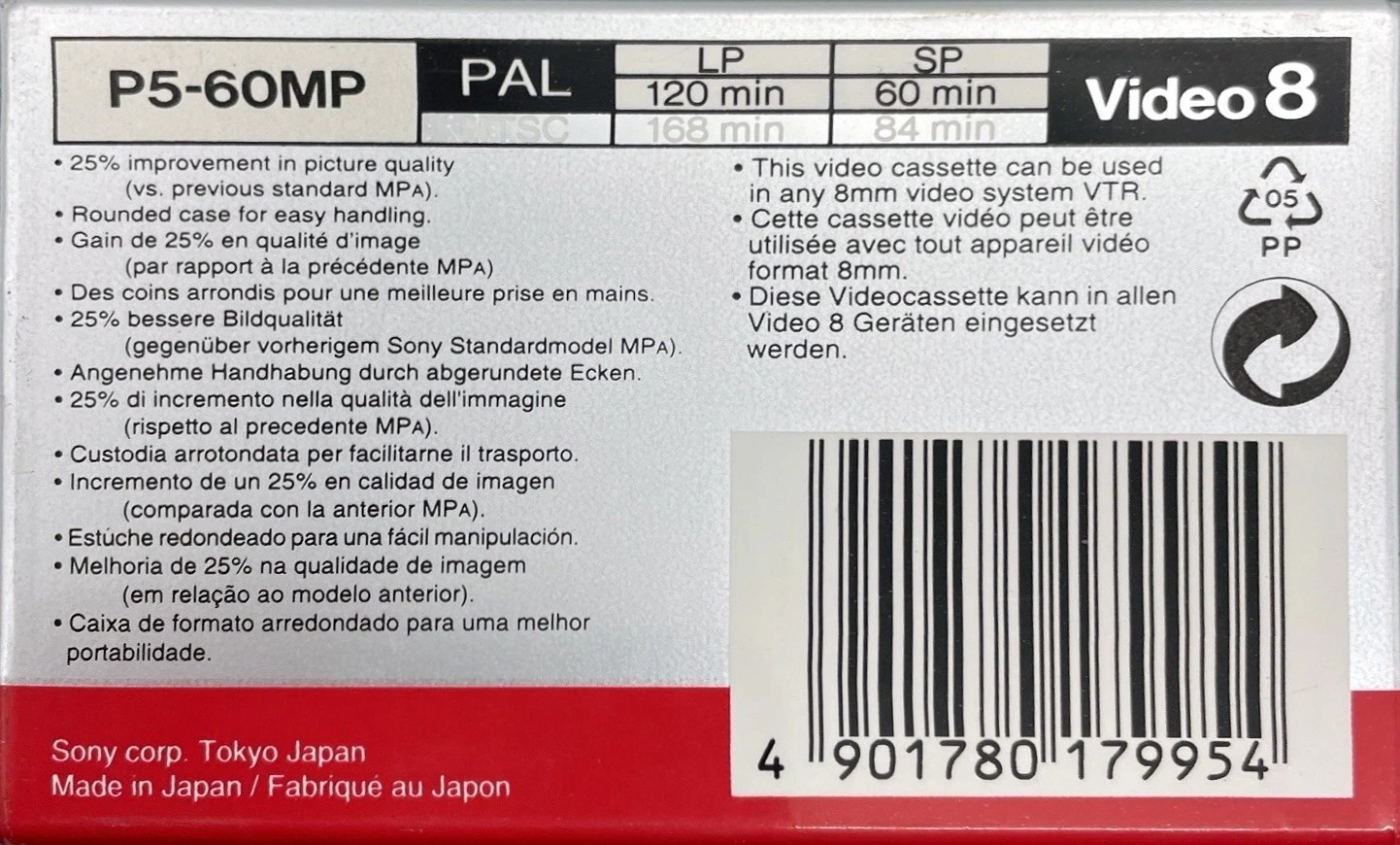 Video8, Hi8, Digital8 Sony MP 60 "P5-60MPB" Type IV Metal 1992 Europe