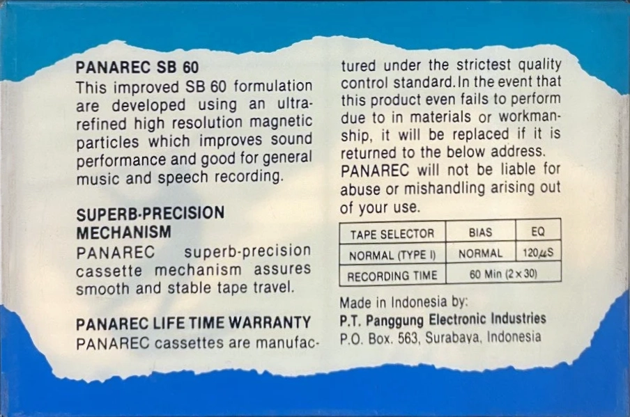 Compact Cassette Panarec SB Sunny Breeze 60 Type I Normal 1990 Indonesia