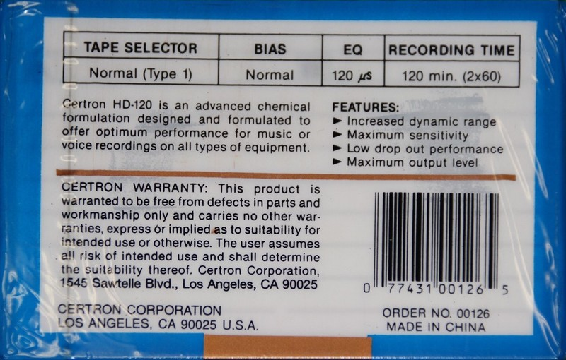 Compact Cassette Certron 120 "HD" Type I Normal China