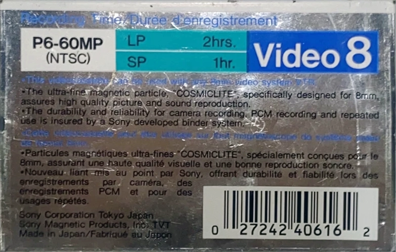 Video8, Hi8, Digital8 Sony MP 60 "P6-60MP" Type IV Metal 1986 North America
