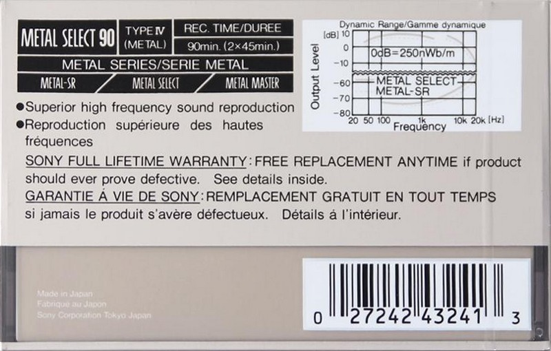 Compact Cassette Sony Metal-S 90 "Select" Type IV Metal 1990 North America