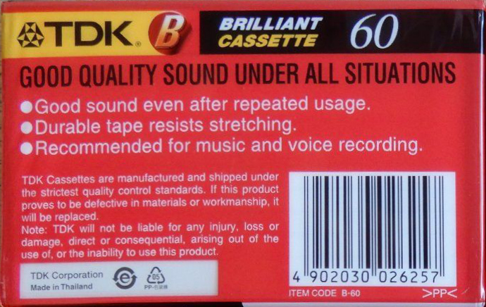 Compact Cassette TDK B 60 Type I Normal 1992 Thailand
