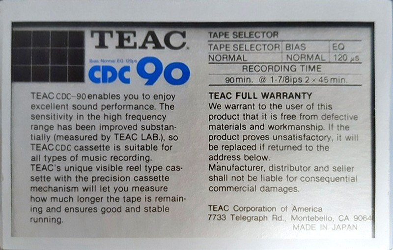 Compact Cassette Teac CDC 90 Type I Normal 1983 USA