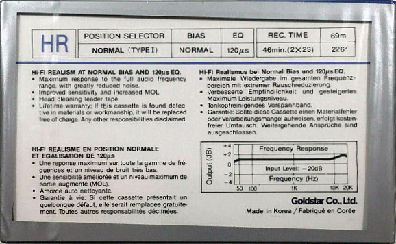 Compact Cassette Goldstar HR 46 Type I Normal 1986 Canada