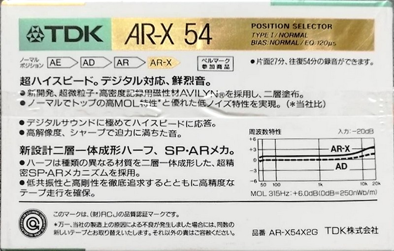 2 pack TDK AR-X 54 "AR-X54X2G" Type I Normal 1987 Japan