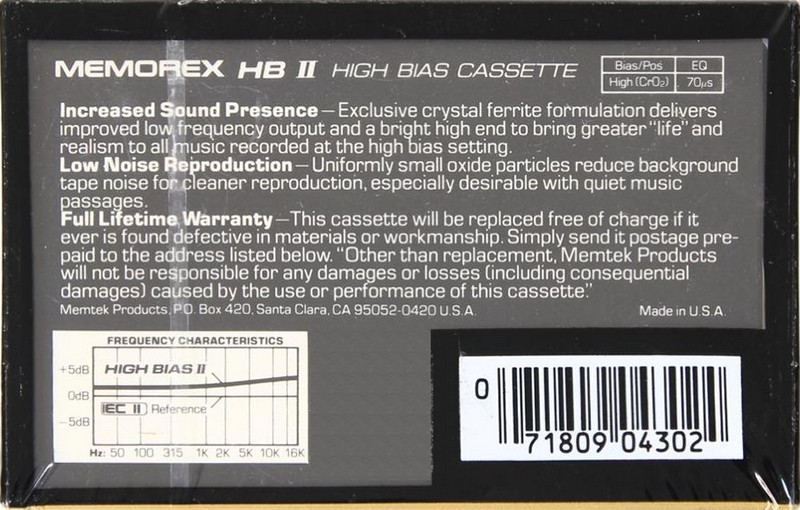 Compact Cassette Memorex HB II 60 Type II Chrome 1985 USA