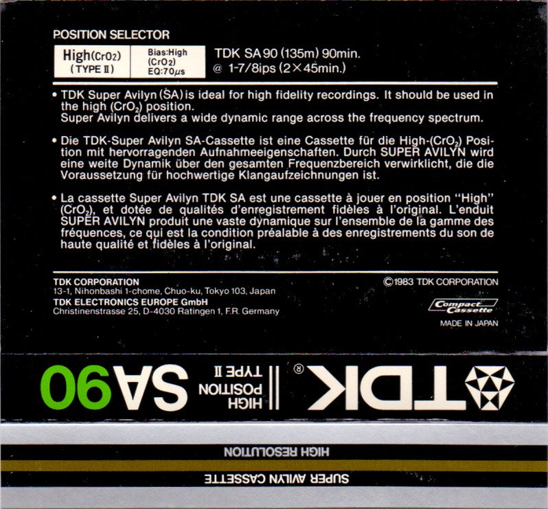 Compact Cassette TDK SA 90 Type II Chrome 1983 Europe