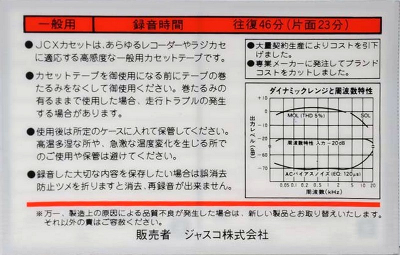 Compact Cassette JCX 46 Type I Normal Japan