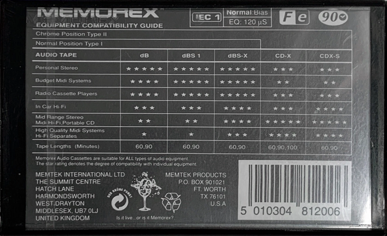 Compact Cassette Memorex dBS I / dBS1 90 Type I Normal 1993 Europe