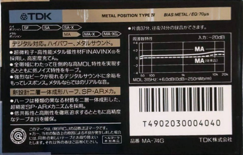 Compact Cassette TDK MA 74 "MA-74G" Type IV Metal 1987 Japan