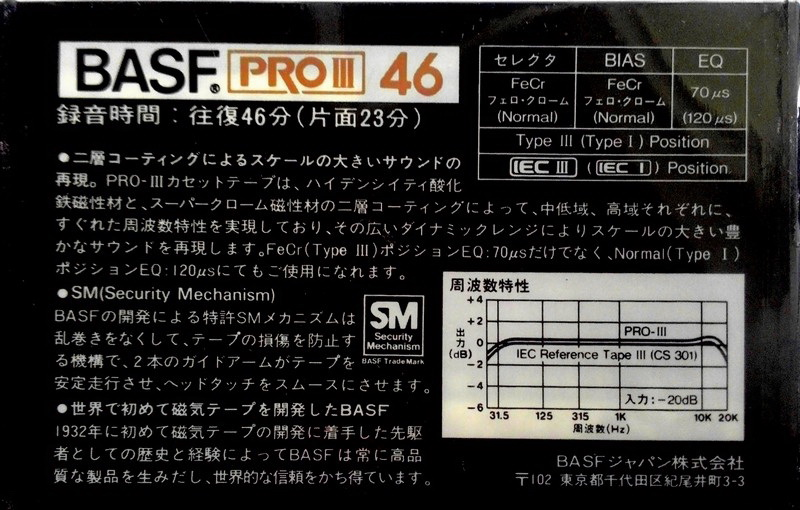 Compact Cassette BASF PRO 46 "PRO III" Type III Ferro Chrome 1982 Japan
