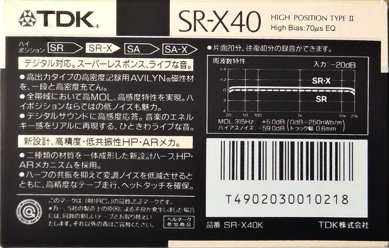 Compact Cassette TDK SR-X 40 "SR-X40K" Type II Chrome 1989 Japan