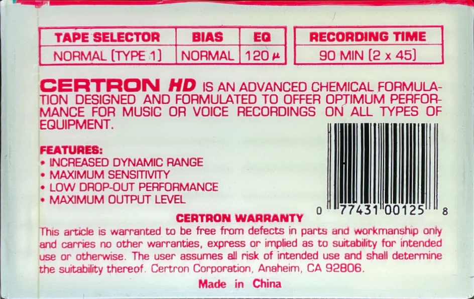 Compact Cassette Certron HD 90 Type I Normal 1988 USA