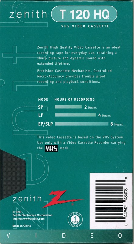 VHS, Video Home System Zenith HQ 120 "T 120 HQ" Type I Normal 1999 USA
