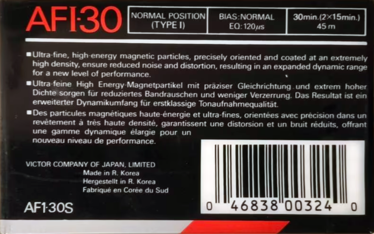 Compact Cassette JVC AFI 30 "AF1-30S" Type I Normal 1990 North America