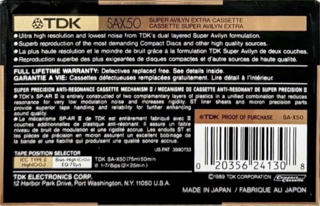 Compact Cassette TDK SA-X 50 Type II Chrome 1989 North America