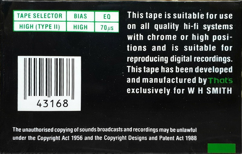 Compact Cassette WH SMITH 90 Type II Chrome 1988 UK