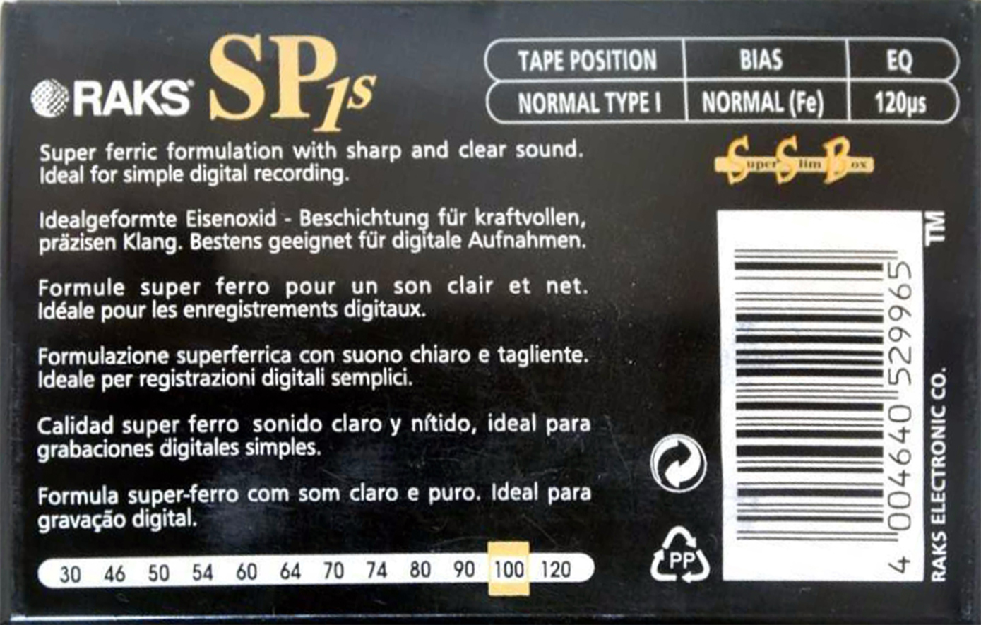 Compact Cassette RAKS SP s 100 "SP 1s" Type I Normal 1996 Europe
