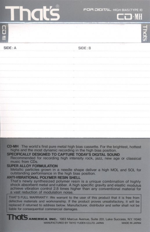 Compact Cassette Thats CD 90 "CD-MH" Type II Chrome 1987 USA