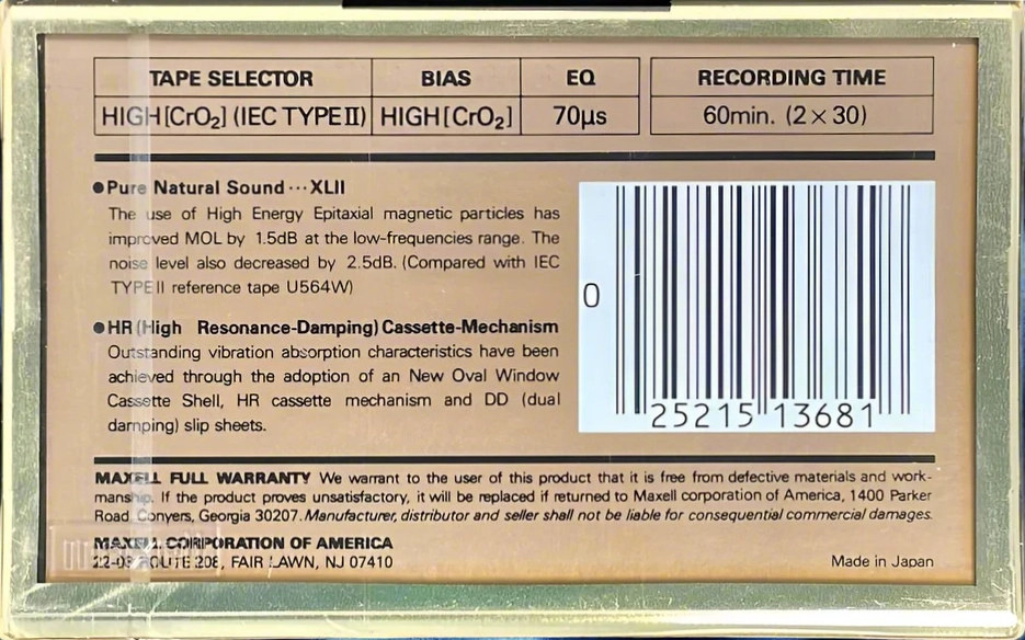 Compact Cassette Maxell XLII 60 Type II Chrome 1990 USA