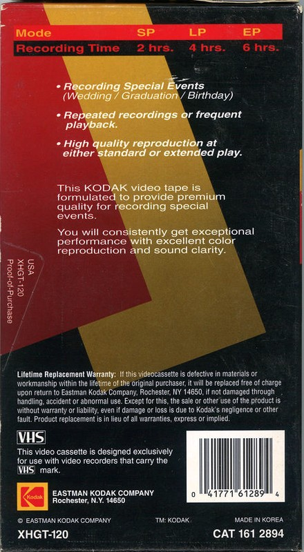 VHS, Video Home System Kodak XHG 120 "XHGT-120" Type I Normal USA