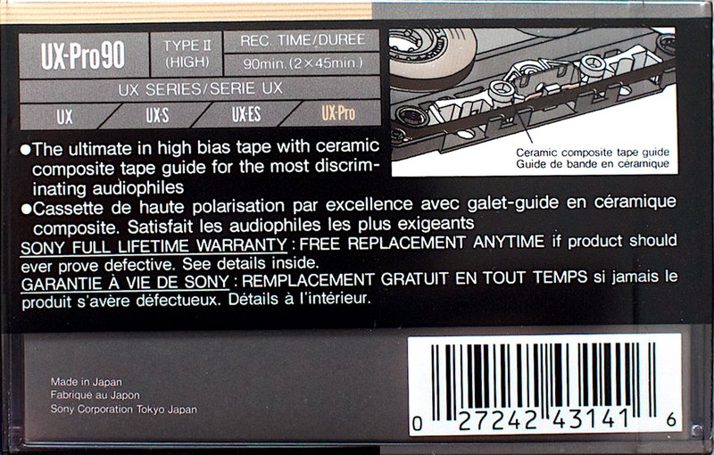 Compact Cassette Sony UX-Pro 90 Type II Chrome 1990 North America