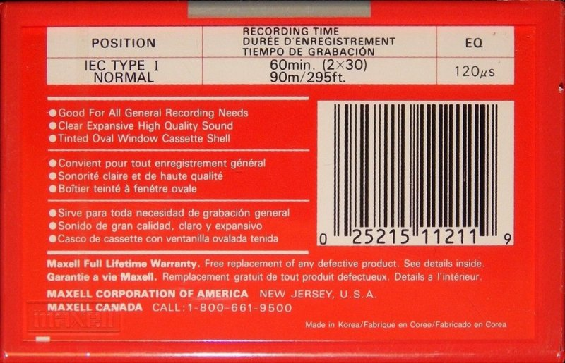 Compact Cassette Maxell UR 60 Type I Normal 1992 North America