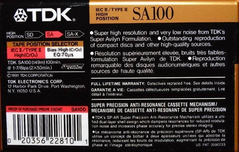 Compact Cassette TDK SA 100 "SA100" Type II Chrome 1991 North America