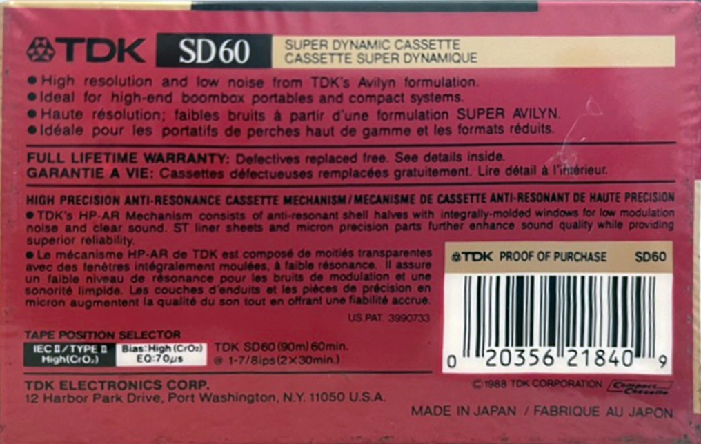 Compact Cassette TDK SD 60 Type II Chrome 1988 North America