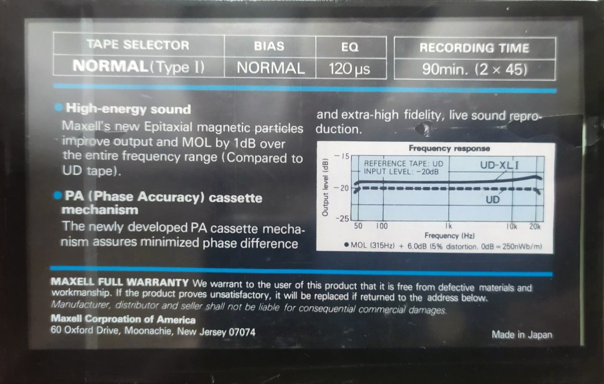Compact Cassette Maxell XLI 90 Type I Normal 1982 USA