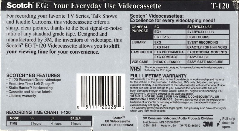 VHS, Video Home System Scotch EG 120 Type I Normal 1989 USA