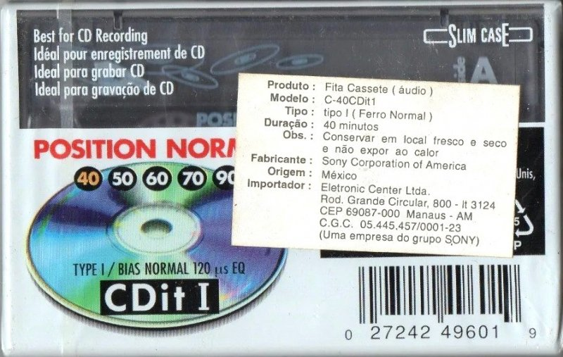 Compact Cassette Sony CDit I 40 Type I Normal 1992 North America