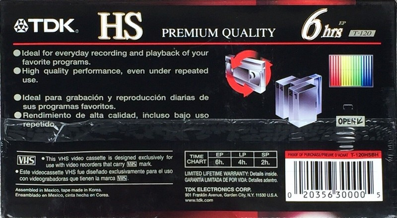 VHS, Video Home System TDK HS 120 "T-120HSBH" Type I Normal North America