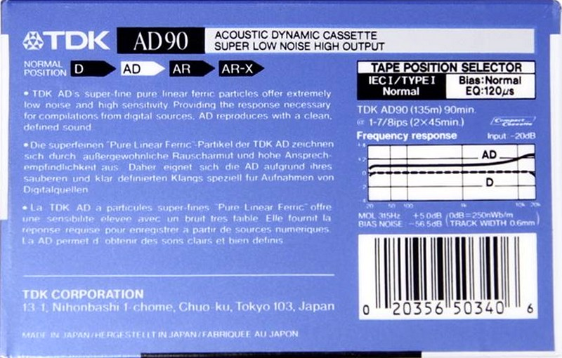 Compact Cassette TDK AD 60 Type I Normal 1988 Europe