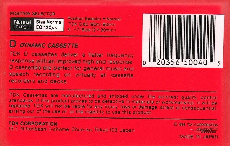 Compact Cassette TDK D 90 Type I Normal 1986 USA