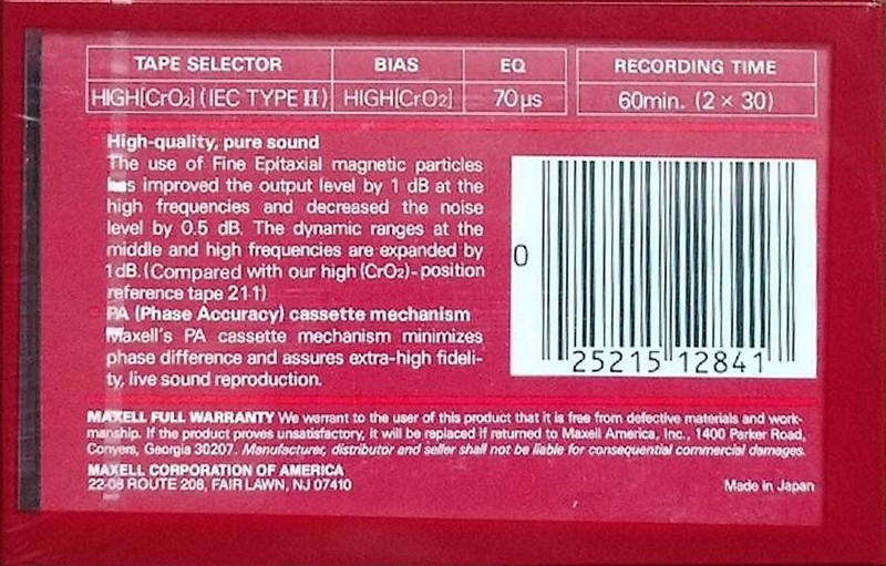 Compact Cassette Maxell UDS 60 "UDS-II" Type II Chrome 1985 USA