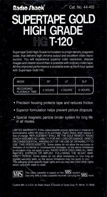 VHS, Video Home System Radio Shack Supertape Gold 120 "HG T-120" Type I Normal USA