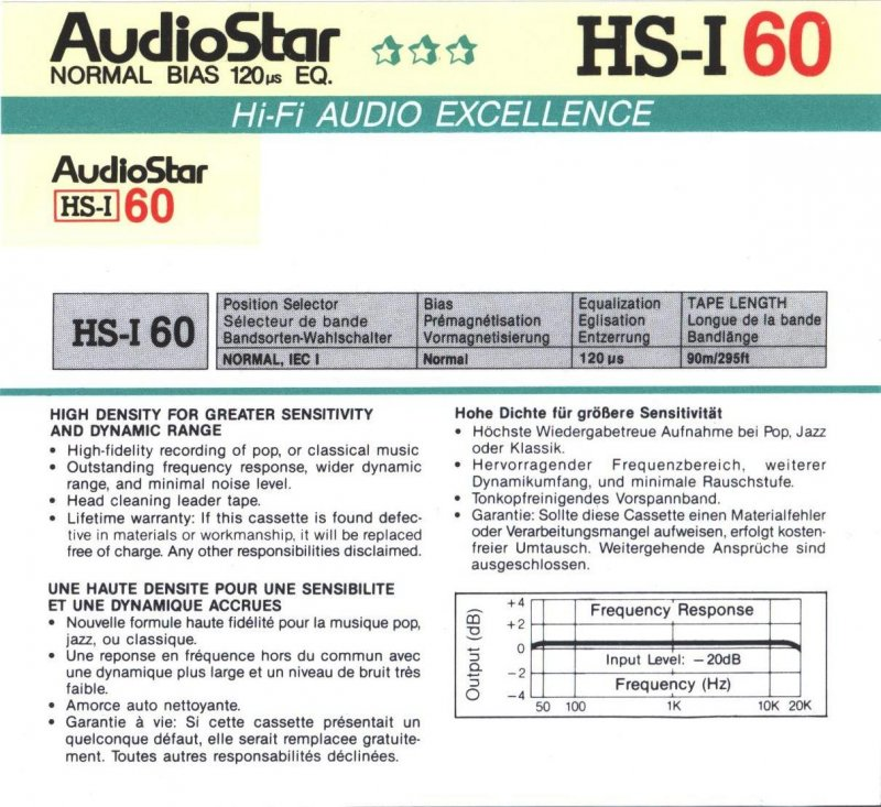 Compact Cassette Audio Star HS-I 60 Type I Normal 1988 Europe