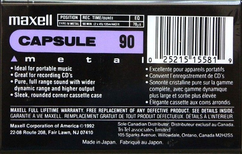 Compact Cassette Maxell Capsule 90 Type IV Metal 1992 North America