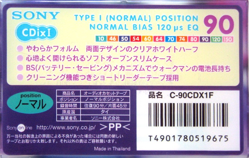 Compact Cassette Sony CDix I 90 "C-90CDX1F" Type I Normal 1998 Japan