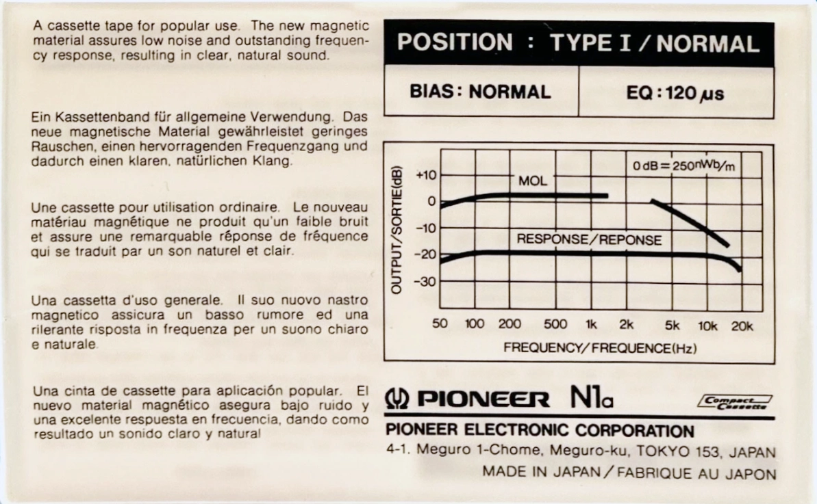 Compact Cassette Pioneer N1a 60 Type I Normal 1982 Europe
