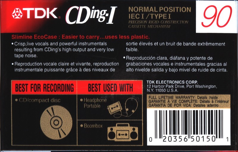Compact Cassette TDK CDing 1 90 Type I Normal 1992 North America