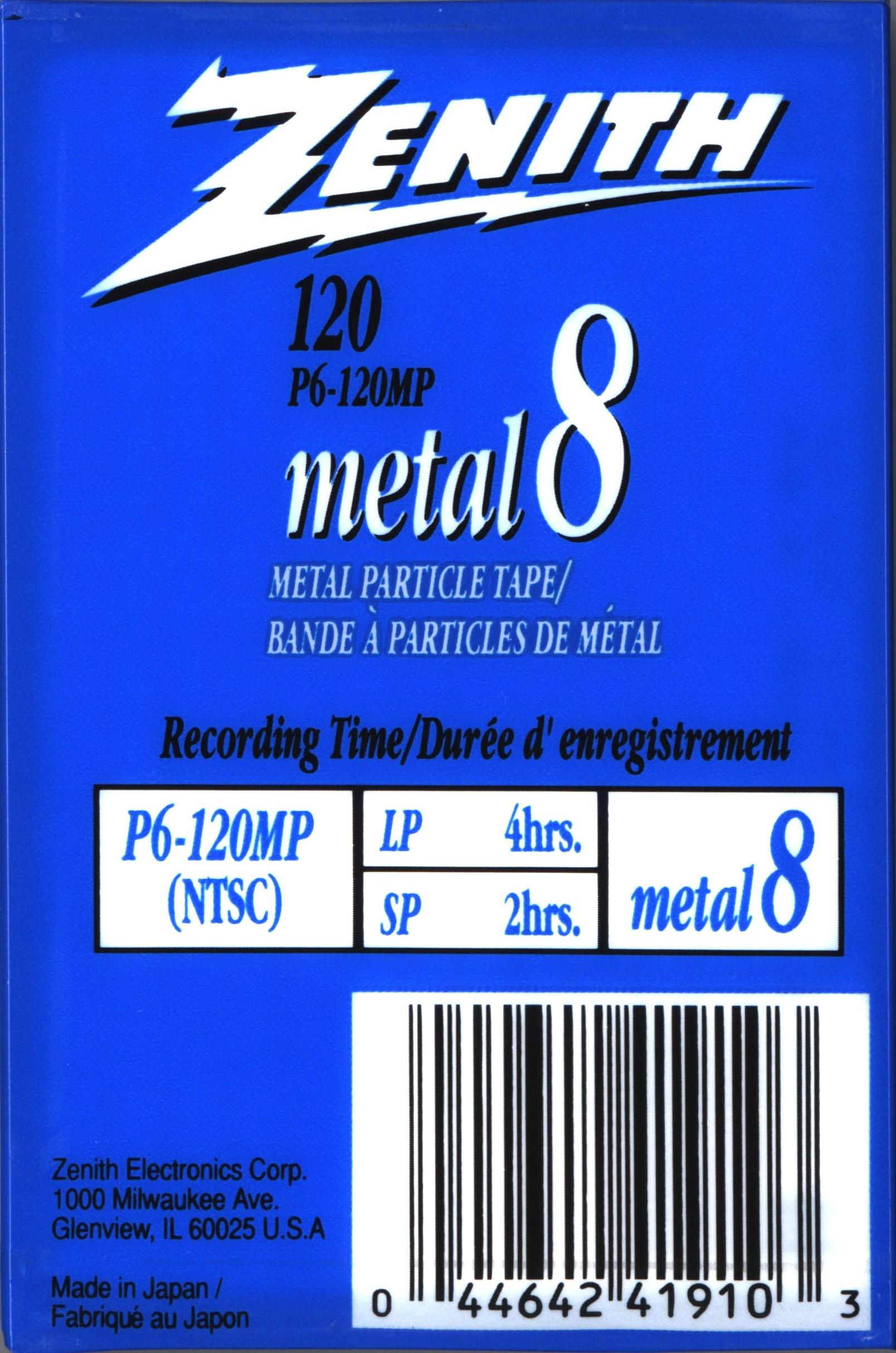 Video8, Hi8, Digital8 Zenith 120 "Video8 metal 8" Type IV Metal 1990 North America