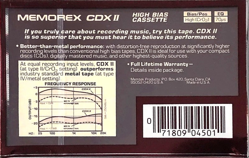 Compact Cassette Memorex CDX II 90 Type II Chrome 1987 USA