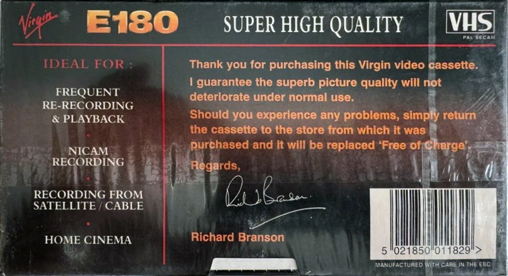 VHS, Video Home System Virgin 180 Type I Normal UK