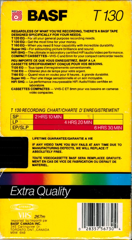 VHS, Video Home System BASF Extra Quality 130 Type I Normal 1987 North America