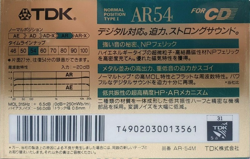 Compact Cassette TDK AR 54 "AR-54M" Type I Normal 1990 Japan