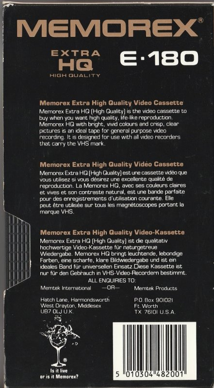 VHS, Video Home System Memorex Extra HQ 180 Type I Normal Europe