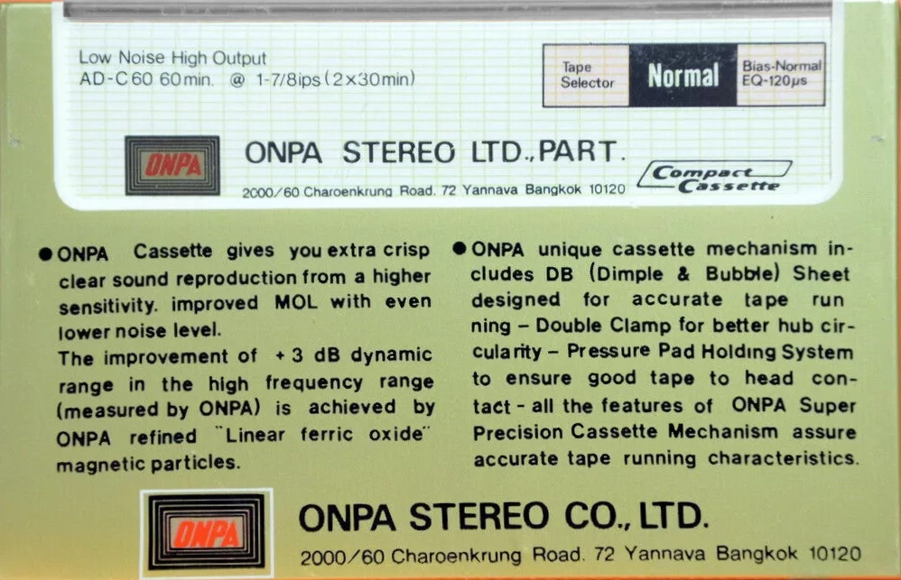 Compact Cassette ONPA AD 60 Type I Normal 1985 Thailand